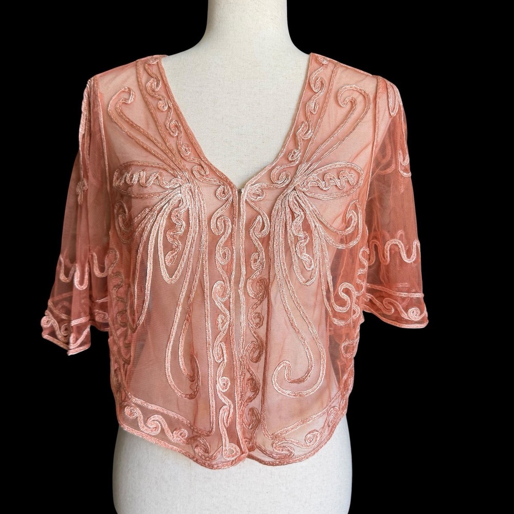 NWT Pretty Angel Cropped Coral Fairycore Bolero Top S•Embroidery Mesh Coquette